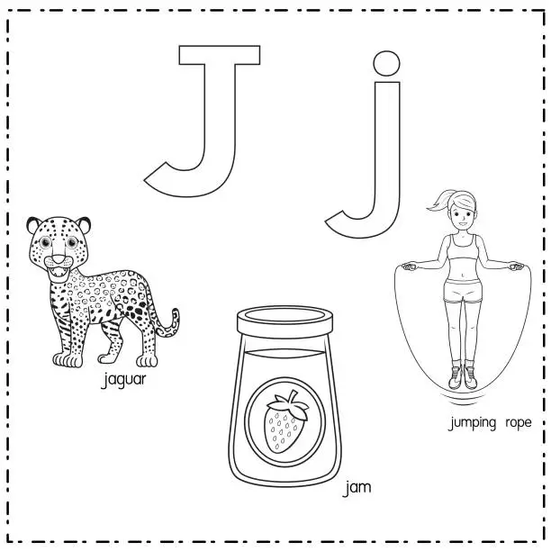 Vector illustration of Vector illustration for learning the letter J in both lowercase and uppercase for children with 3 cartoon images. Jaguar Jam Jumping rope .