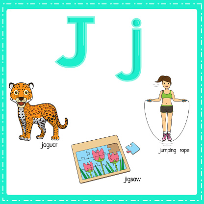 Vector illustration for learning the letter J in both lowercase and uppercase for children with 3 cartoon images. Jaguar Jigsaw Jumping rope .