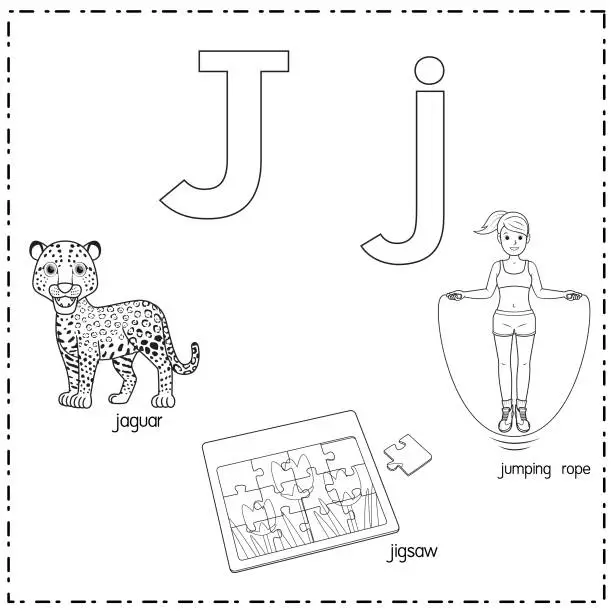 Vector illustration of Vector illustration for learning the letter J in both lowercase and uppercase for children with 3 cartoon images. Jaguar Jigsaw Jumping rope .