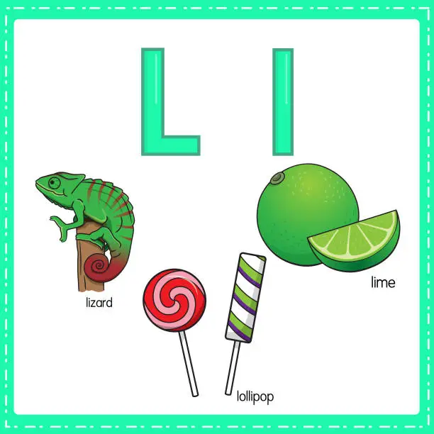 Vector illustration of Vector illustration for learning the letter L in both lowercase and uppercase for children with 3 cartoon images. Lizard Lollipop Lime .