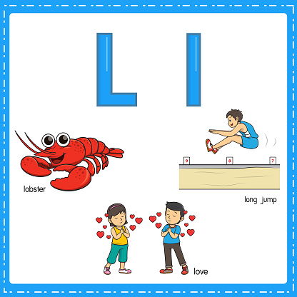 Vector illustration for learning the letter L in both lowercase and uppercase for children with 3 cartoon images. Lobster Love Long Jump.