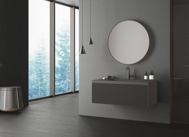 istock Dark bathroom interior with black parquet floor 1336879068