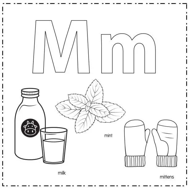 Vector illustration of Vector illustration for learning the letter M in both lowercase and uppercase for children with 3 cartoon images. milk mint mittens.