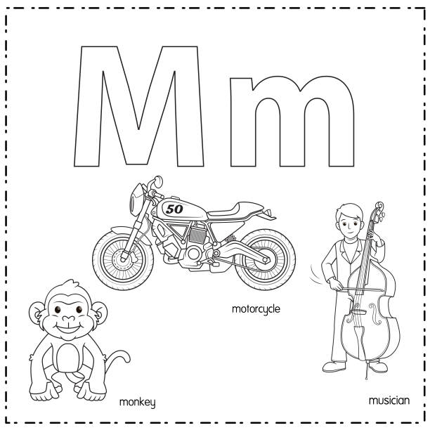 illustrations, cliparts, dessins animés et icônes de illustration vectorielle pour l’apprentissage de la lettre m en minuscules et majuscules pour les enfants avec 3 images de dessins animés. singe moto musicien. - sports venue motorcycle motorized sport racecar