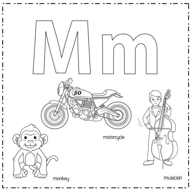 Vector illustration of Vector illustration for learning the letter M in both lowercase and uppercase for children with 3 cartoon images. Monkey Motorcycle Musician.