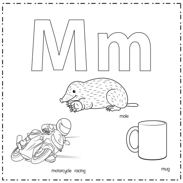 Vector illustration of Vector illustration for learning the letter M in both lowercase and uppercase for children with 3 cartoon images. Motorcycle Racing Mole Mug.