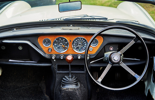 Triumph classic car, dashboard and interior of the classic English roadster in Lehnin, Germany, August 21, 2021,illustrative editorial