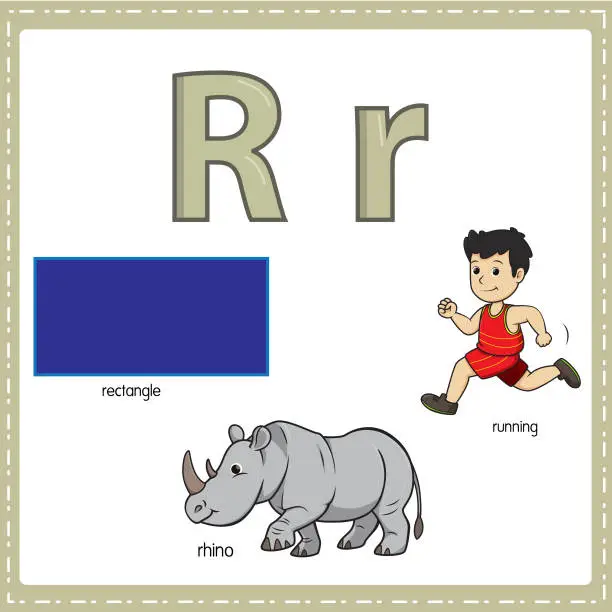 Vector illustration of Vector illustration for learning the letter R in both lowercase and uppercase for children with 3 cartoon images. Rectangle Rhino Running.