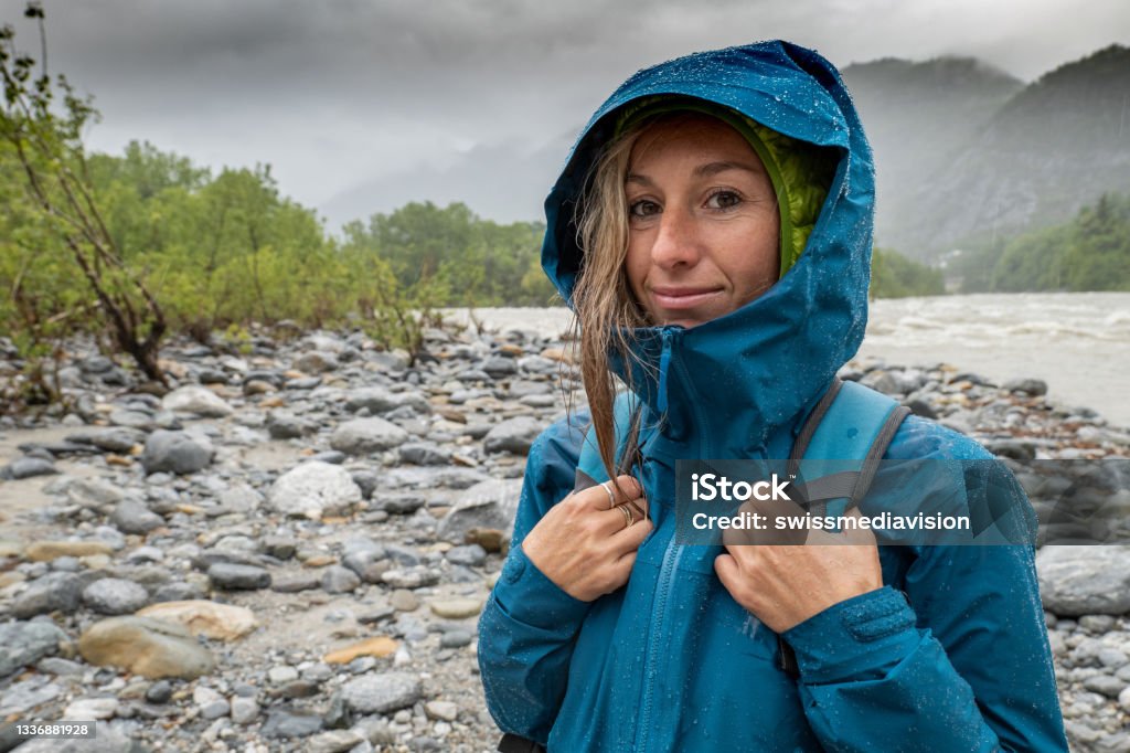 Portrait Of Hiker Female Under The Rain Stock Photo - Download Image ...