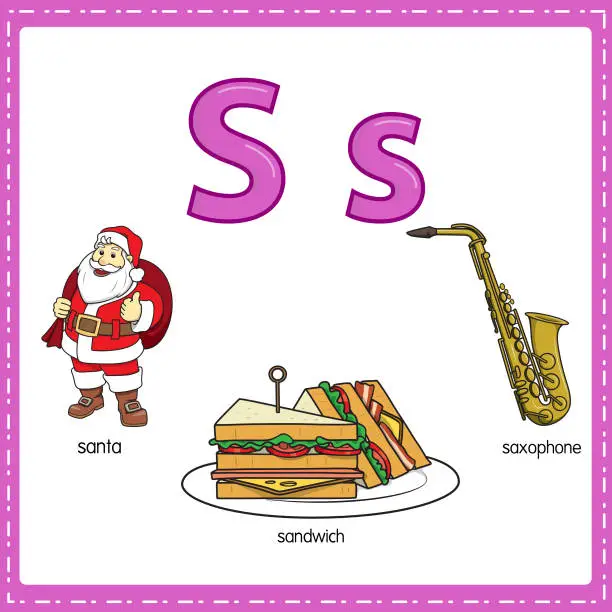 Vector illustration of Vector illustration for learning the letter S in both lowercase and uppercase for children with 3 cartoon images. Santa Sandwich Saxophone.