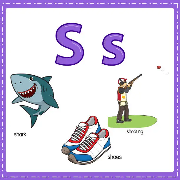 Vector illustration of Vector illustration for learning the letter S in both lowercase and uppercase for children with 3 cartoon images. Shark Shoes Shooting.