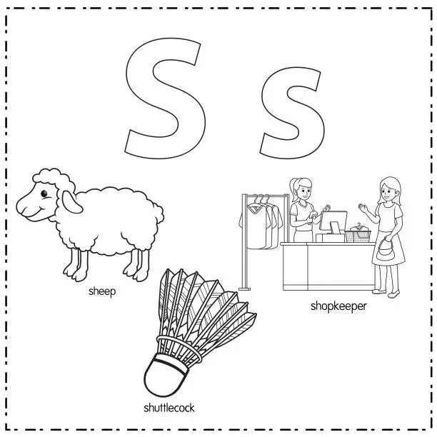 Vector illustration of Vector illustration for learning the letter S in both lowercase and uppercase for children with 3 cartoon images. Sheep Shuttlecock Shopkeeper.