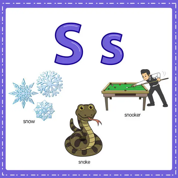Vector illustration of Vector illustration for learning the letter S in both lowercase and uppercase for children with 3 cartoon images. Snow Snake Snooker.