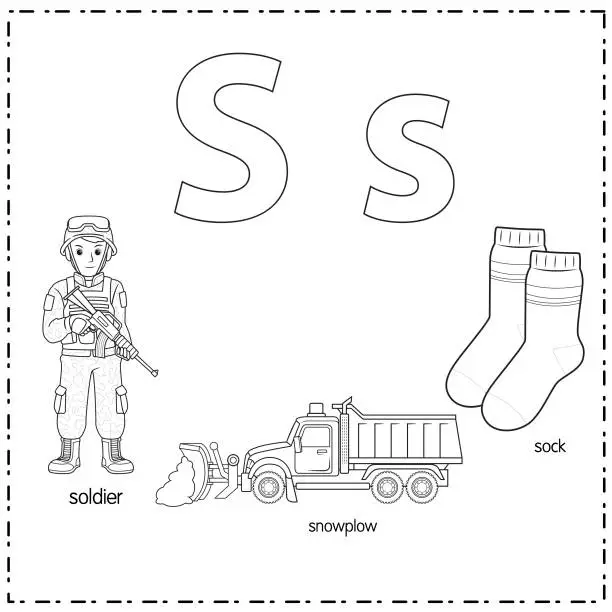 Vector illustration of Vector illustration for learning the letter S in both lowercase and uppercase for children with 3 cartoon images. Soldier Snowplow Sock.