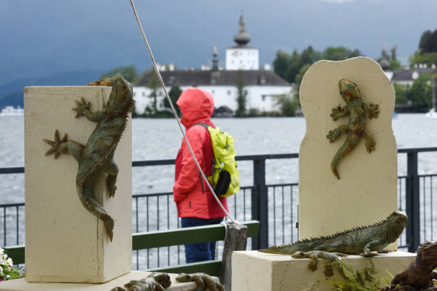 A stand at the traditional pottery market in Gmunden with lake castle Ort in the background, Upper Austria, Austria, Europe