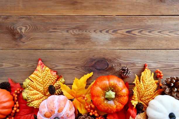 istock Autumn, fall abstract frame composition with colorful leaves, pine cones and pumpkins onwooden background, copy space. 1336884573