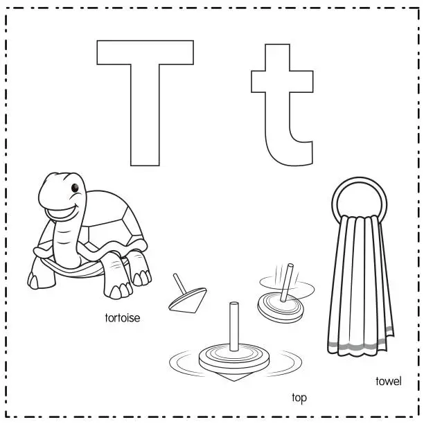 Vector illustration of Vector illustration for learning the letter T in both lowercase and uppercase for children with 3 cartoon images. Tortoise Top Towel.