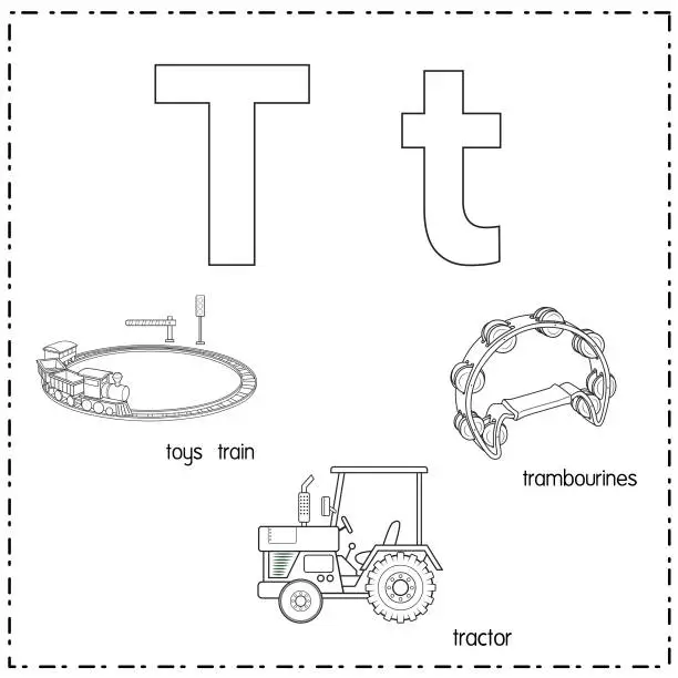 Vector illustration of Vector illustration for learning the letter T in both lowercase and uppercase for children with 3 cartoon images. toys train tractor trambourines.