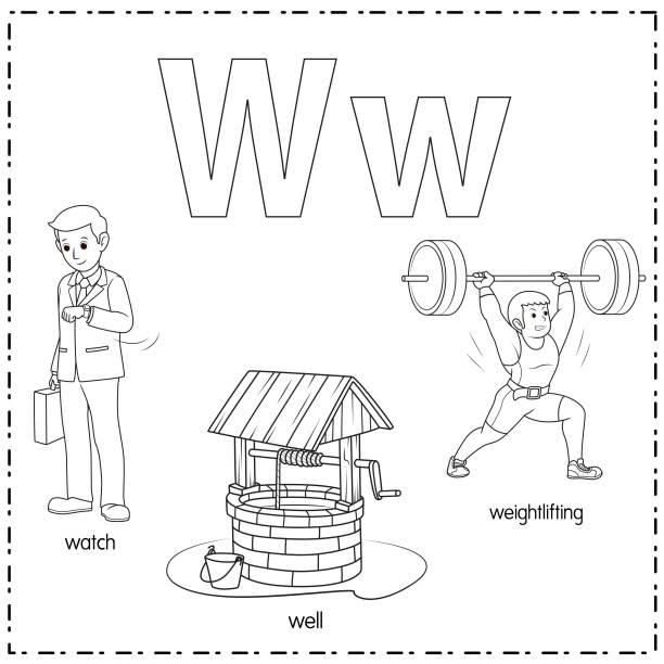 Vector illustration for learning the letter W in both lowercase and uppercase for children with 3 cartoon images. Watch Well Weightlifting. Black and white vector illustration for learning to write English alphabets with cartoons for children. Uppercase and lowercase letters, scribble, make, stickers, cut and paste, learning pages for kids. cartoon muscular man lifting heavy weights stock illustrations