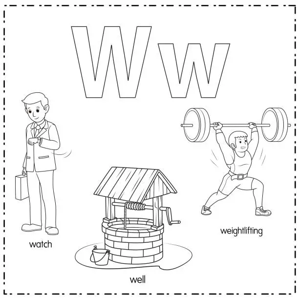 Vector illustration of Vector illustration for learning the letter W in both lowercase and uppercase for children with 3 cartoon images. Watch Well Weightlifting.