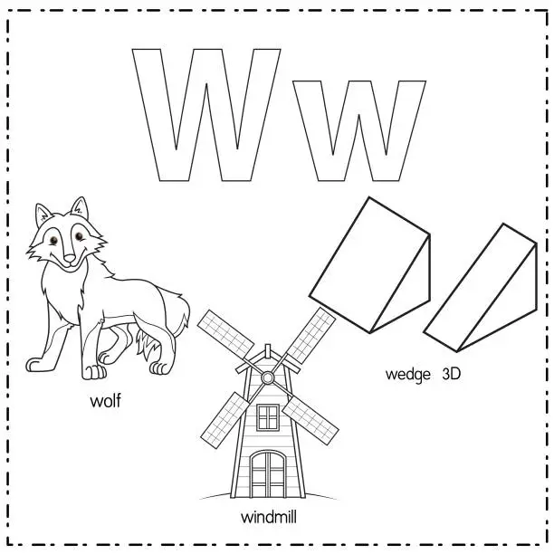 Vector illustration of Vector illustration for learning the letter W in both lowercase and uppercase for children with 3 cartoon images. Wolf Windmill Wedge 3D.