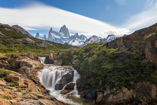 A view of the Fitz Roy cascades at sunrise on the Arroyo del Salto near the Fitz Roy trail in Los Glaciares National Park above El Chalten