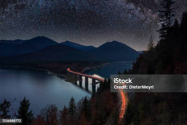 Milky Way Over Alpine Road In Alps Stock Photo - Download Image Now - Road, Germany, Landscape - Scenery