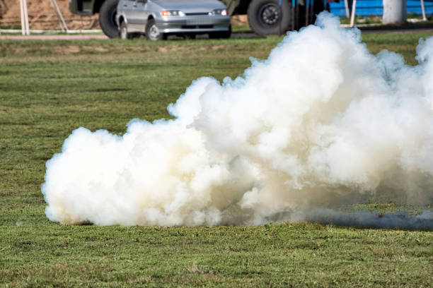 istock A white smoke bomb on green grass. 1336889419