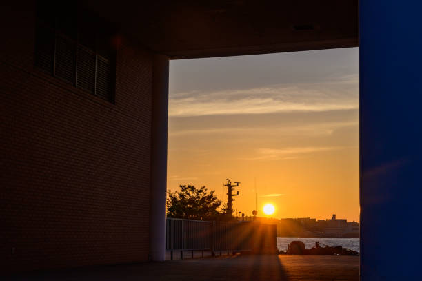 Beautiful sunset of Mojiko retro district, a famous tourist spot in Kitakyushu city