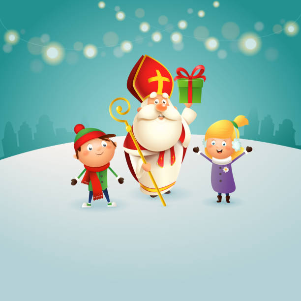 stockillustraties, clipart, cartoons en iconen met saint nicholas or sinterklaas gives presents to children - winter night background - sinterklaas