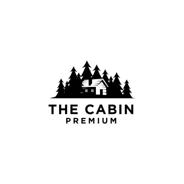 premium wooden cabin and pine forest retro vector black design isolated white background premium wooden cabin and pine forest retro vector black design isolated white background hut stock illustrations