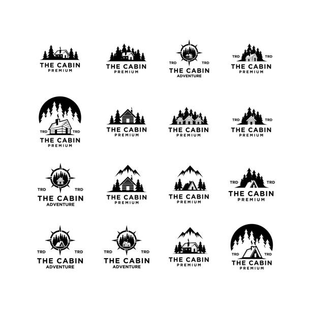 set collection premium wooden cabin and mountain pine forest retro vector black design isolated white background