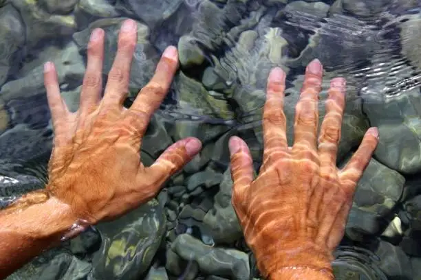 Photo of hands underwater river water wavy shapes