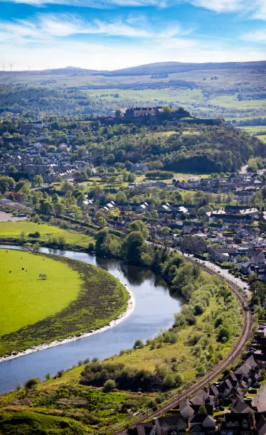 Aerial view of the river Forth curving and Stirling, Scotland, United Kingdom