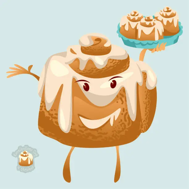 Vector illustration of Cinnamon Roll Day (Swedish Text: Kanelbullens dag). Cinnamon bun holds a tray of small buns.