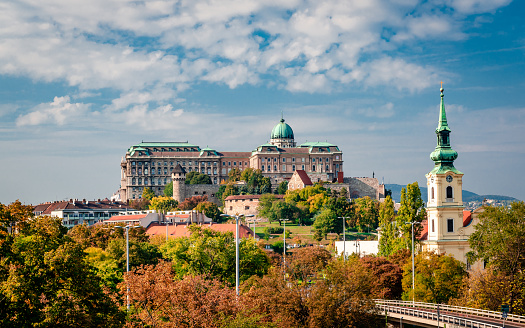 St. Catherine of Alexandria Church and Buda Castle View from from Gellért Hill. Budapest, Hungary. Autumn 2018.