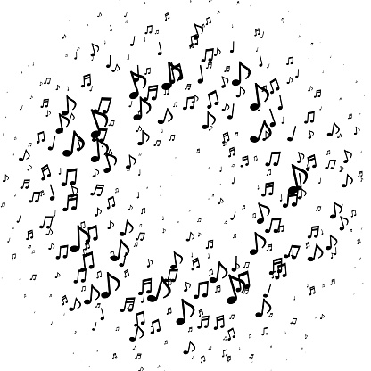 Ring of musical notes around copy space, on white. Four kinds of notes.