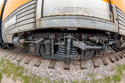 Made of harden steel train undercarriage on tracks