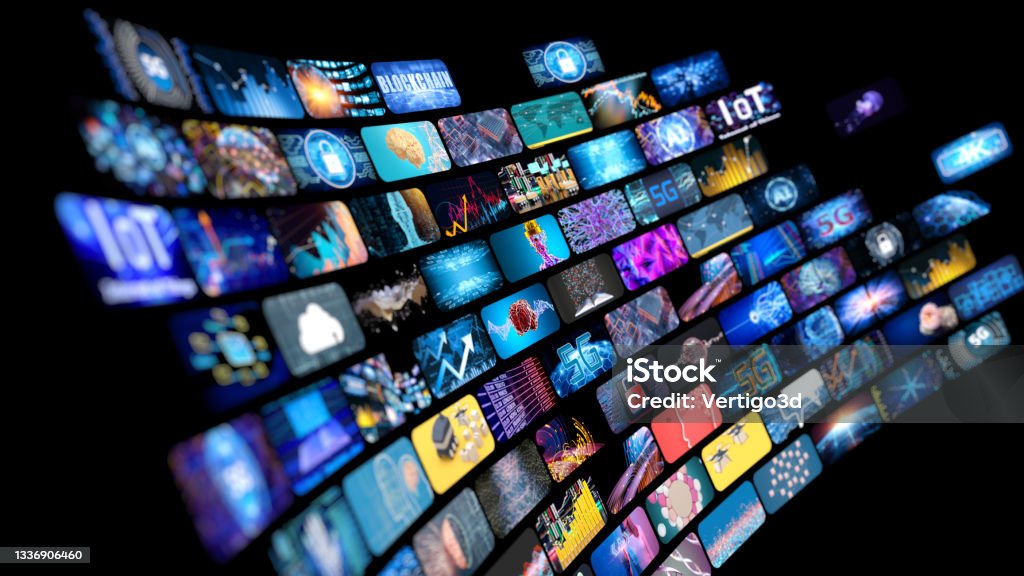 Media concept multiple television screens Video wall with small screens digital concept The Media Stock Photo