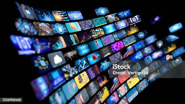 Media Concept Multiple Television Screens Stock Photo - Download Image Now - The Media, Television Industry, Television Set