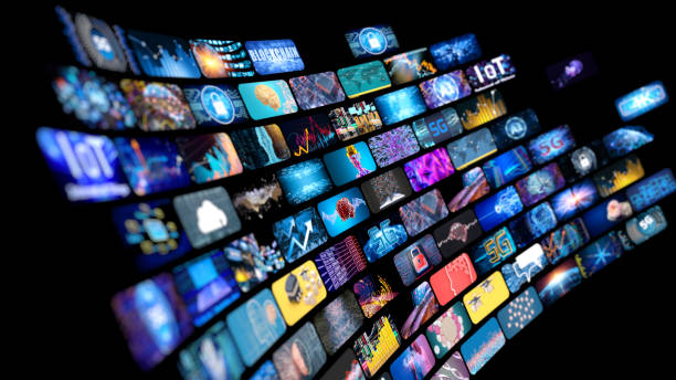 media concept multiple television screens - broadcasting imagens e fotografias de stock