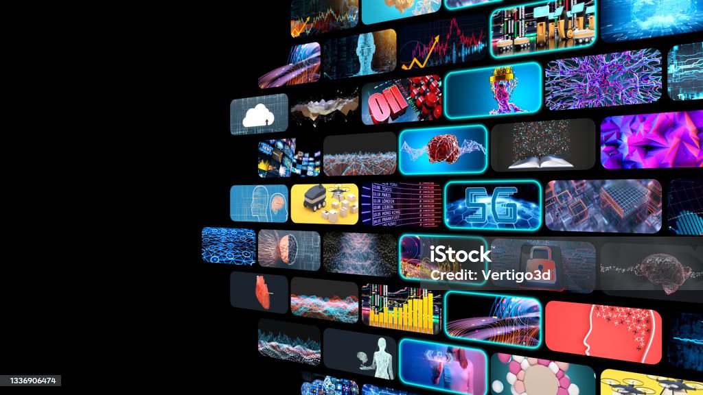 Media concept multiple television screens Video wall with small screens digital concept Television Industry Stock Photo