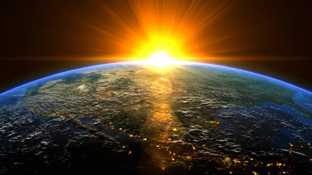 Sunrise and shadow on the earth in space with star in universe. World realistic atmosphere 3D volumetric clouds texture surface.  Elements of this image are furnished by NASA Sunrise and shadow on the earth in space with star in universe. World realistic atmosphere 3D volumetric clouds texture surface.  Elements of this image are furnished by NASA https://visibleearth.nasa.gov/images/57730/the-blue-marble-land-surface-ocean-color-and-sea-ice/82679l , 3DRender for design content intro music photos stock pictures, royalty-free photos & images