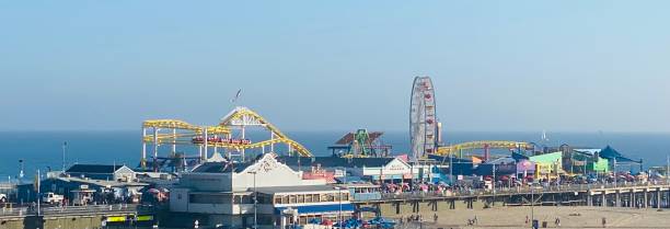 santa monica beach - santa monica pier beach panoramic santa monica imagens e fotografias de stock