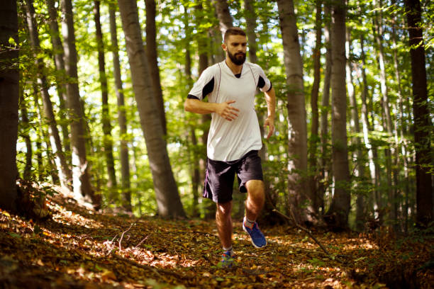 istock Young athletic man trail running in the forest 1336911040