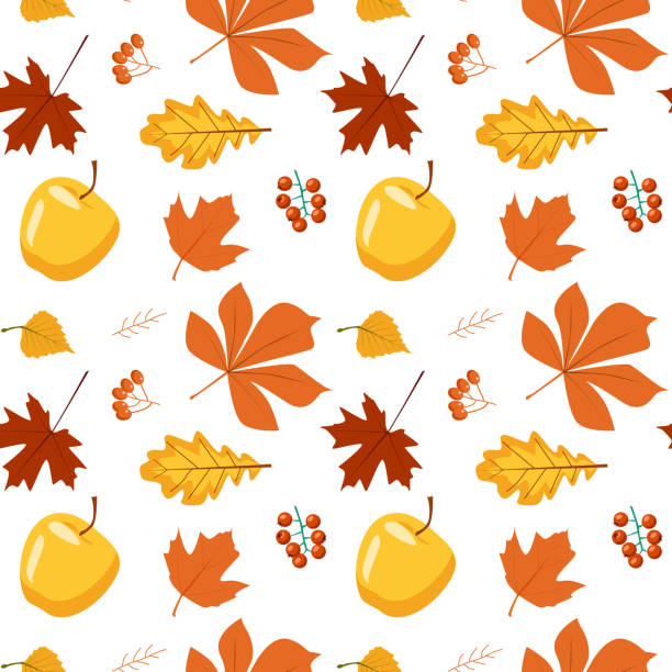 bezszwowy jesienny wzór liści i jabłek - chestnut chestnut tree backgrounds seamless stock illustrations