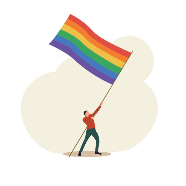 społeczność lgbt, mężczyzna trzymający tęczową flagę. parada gejów. ilustracja wektorowa. - gay pride flag image lesbian homosexual stock illustrations