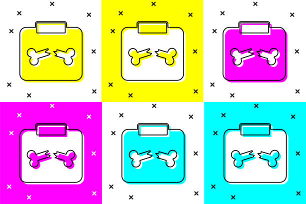 Set X-ray shots with broken bone icon isolated on color background. Vector Set X-ray shots with broken bone icon isolated on color background. Vector. xray broken hand stock illustrations