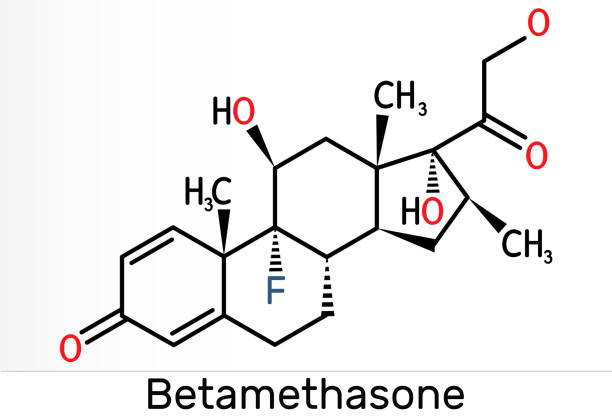 Betamethasone, molecule. It is synthetic corticosteroid, glucocorticoid with metabolic, immunosuppressive and anti-inflammatory activities. Skeletal chemical formula Betamethasone, molecule. It is synthetic corticosteroid, glucocorticoid with metabolic, immunosuppressive and anti-inflammatory activities. Skeletal chemical formula. Illustration l glycine stock illustrations