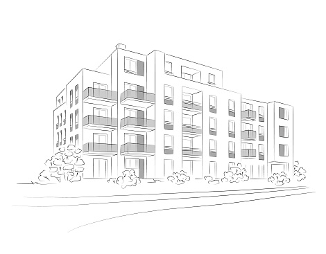 Vector linear project of block of flats. Archirectural concept sketch of modern house.